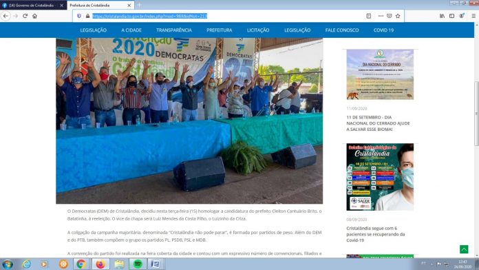 Juiz eleitoral de Cristalândia determina suspensão imediata de notícia sobre convenção partidária no site da Prefeitura Municipal da cidade