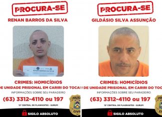 Serial killer e comparsa seguem foragidos há um mês após fuga de prisão em Cariri do Tocantins