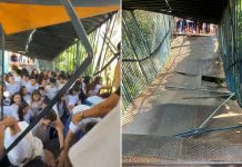 Passarela cede durante travessia de alunos e deixa cerca de 30 estudantes pendurados no TO