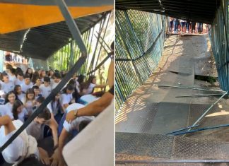 Passarela cede durante travessia de alunos e deixa cerca de 30 estudantes pendurados no TO
